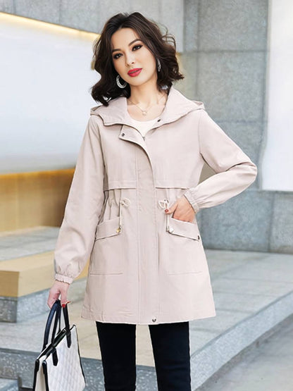 Cocolii mi-longue manteau unicolore à capuche fermeture éclair boutonnage poches femme décontracté mode parkas