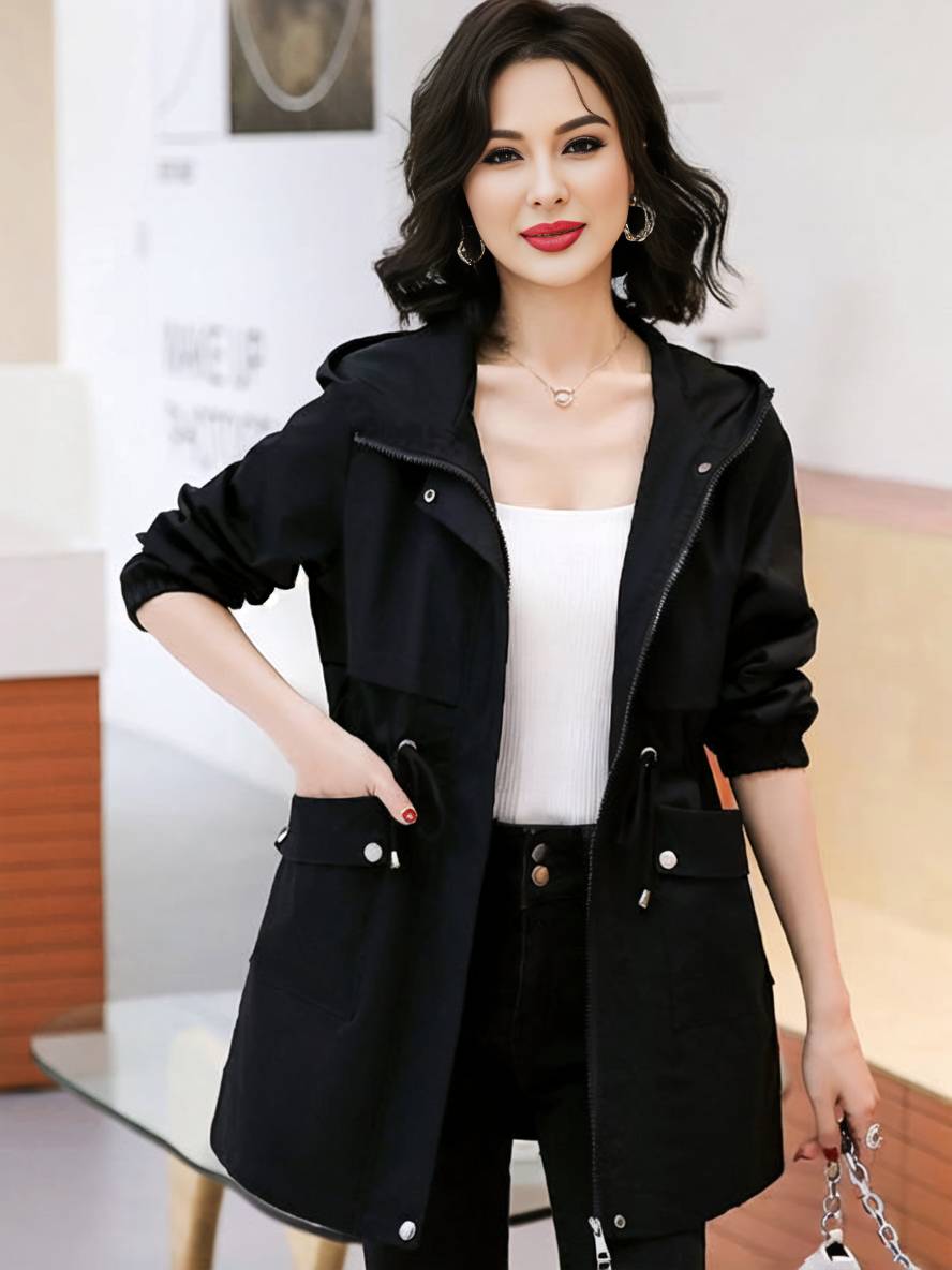 Cocolii mi-longue manteau unicolore à capuche fermeture éclair boutonnage poches femme décontracté mode parkas