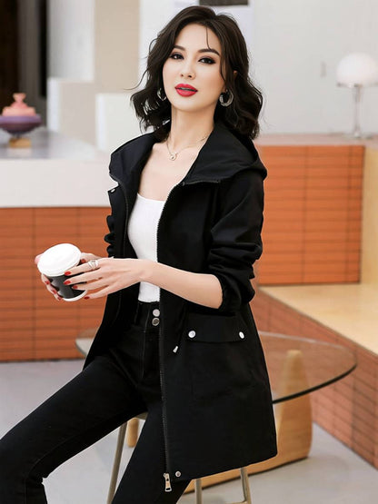 Cocolii mi-longue manteau unicolore à capuche fermeture éclair boutonnage poches femme décontracté mode parkas