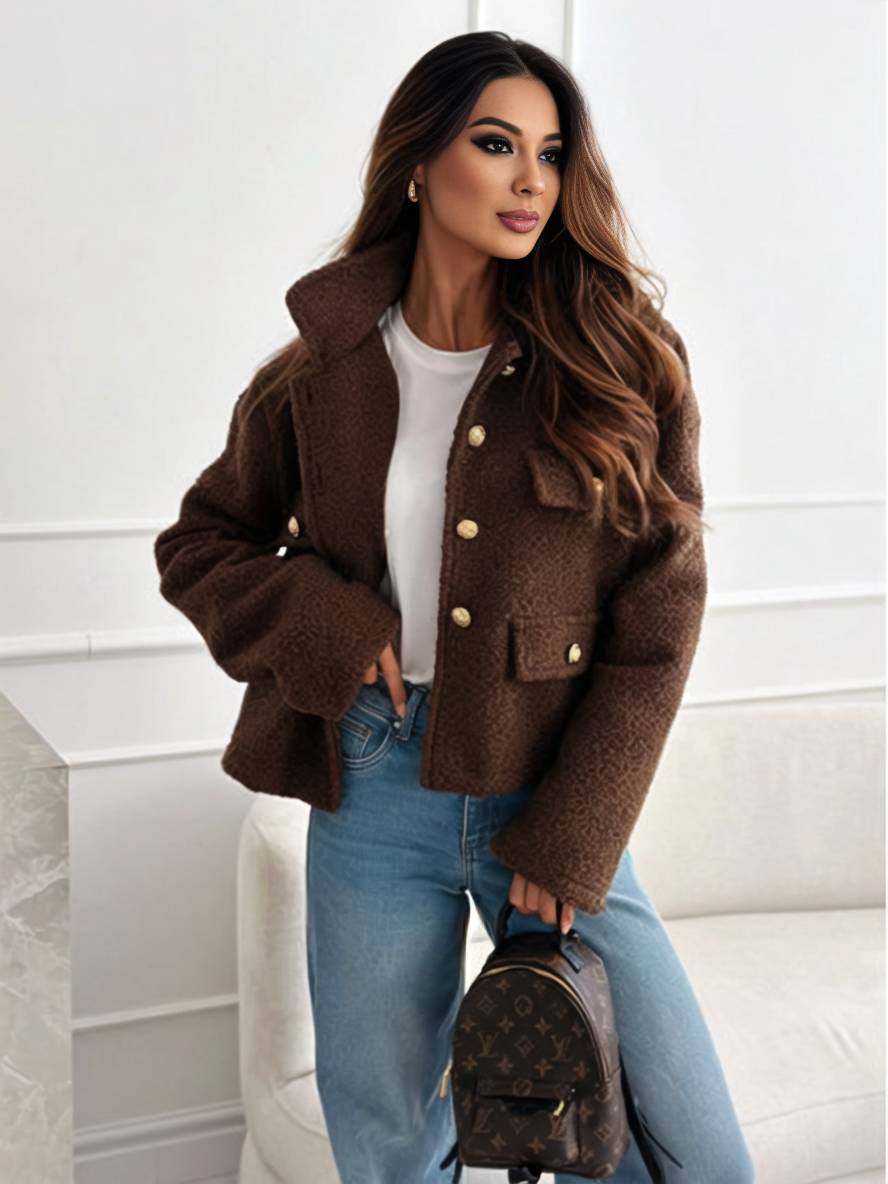Cocolii court manteau avec polaire boutonnage poches col revers manches longues femme vintage décontracté casual veste