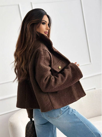 Cocolii court manteau avec polaire boutonnage poches col revers manches longues femme vintage décontracté casual veste