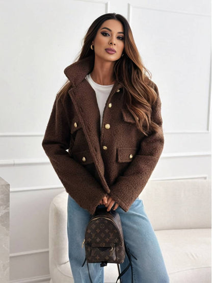 Cocolii court manteau avec polaire boutonnage poches col revers manches longues femme vintage décontracté casual veste