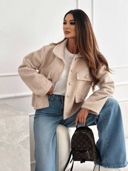 Cocolii court manteau avec polaire boutonnage poches col revers manches longues femme vintage décontracté casual veste