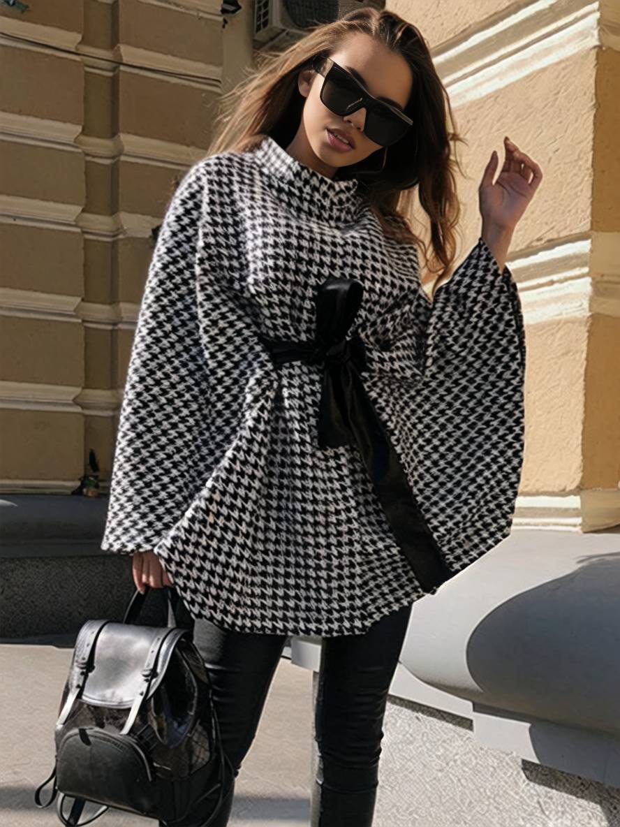 Cocolii court poncho manteau femme pied de poule ceinture manches chauve souris femme élégant décontracté ample oversized veste