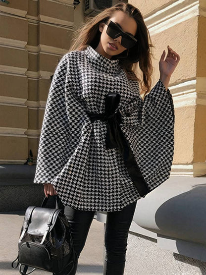 Cocolii court poncho manteau femme pied de poule ceinture manches chauve souris femme élégant décontracté ample oversized veste