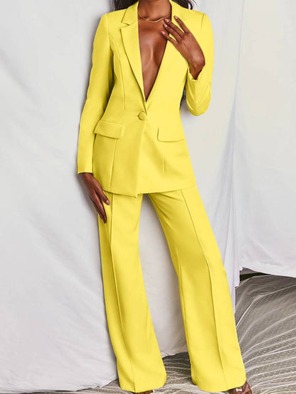 Cocolii blazer de bureau deux pièces boutons poches col revers manches longues veste droit pantalon femme style tailleur élégant