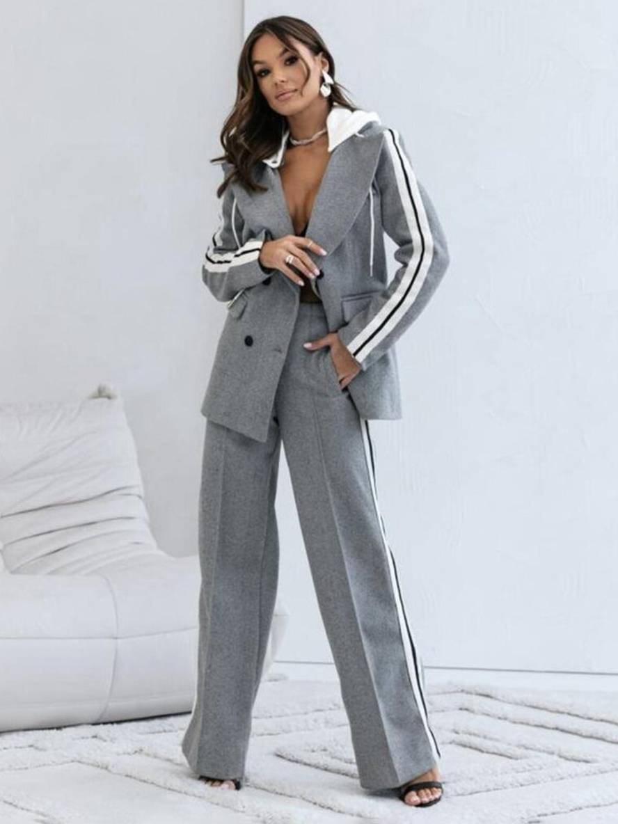 Cocolii ensembles tailleur pantalon à capuche rayé pour femme blazer deux pièces de bureau avec double boutonnage décontracté