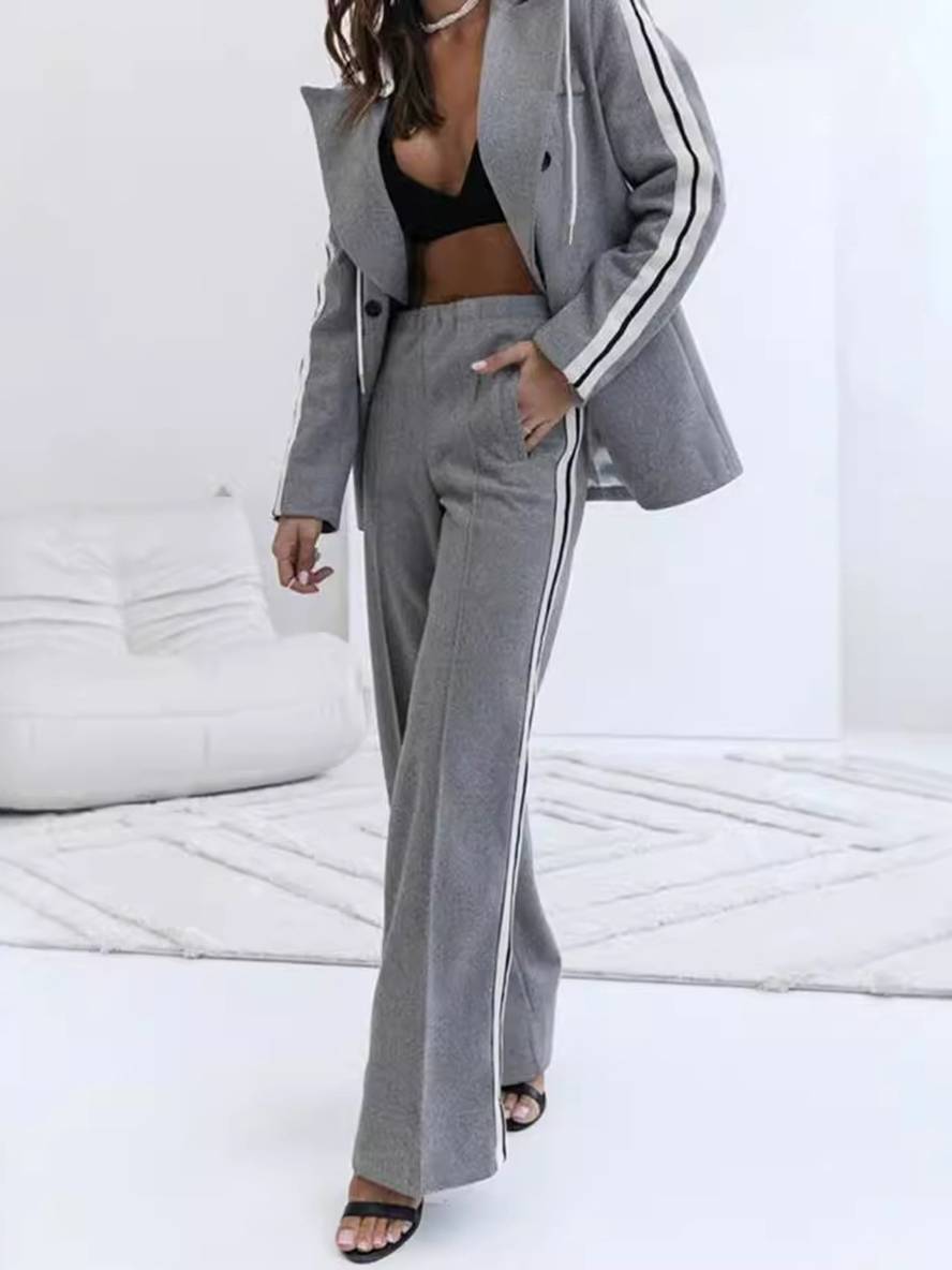 Cocolii ensembles tailleur pantalon à capuche rayé pour femme blazer deux pièces de bureau avec double boutonnage décontracté