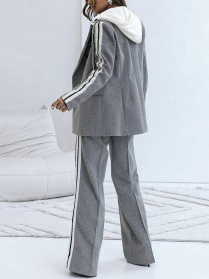 Cocolii ensembles tailleur pantalon à capuche rayé pour femme blazer deux pièces de bureau avec double boutonnage décontracté