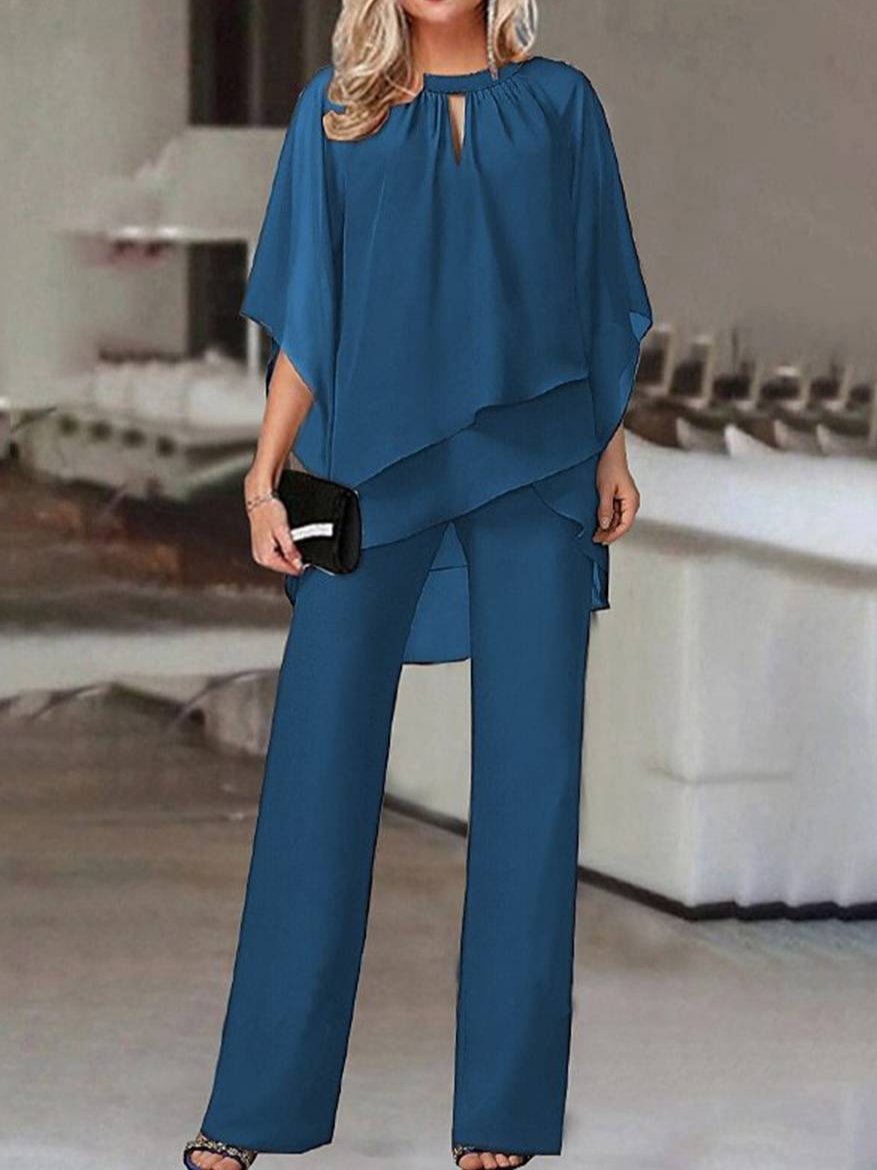 Cocolii ensembles deux pièces col rond manches chauve souris hauts irrégulière droit pantalon femme lâche décontracté de mariage