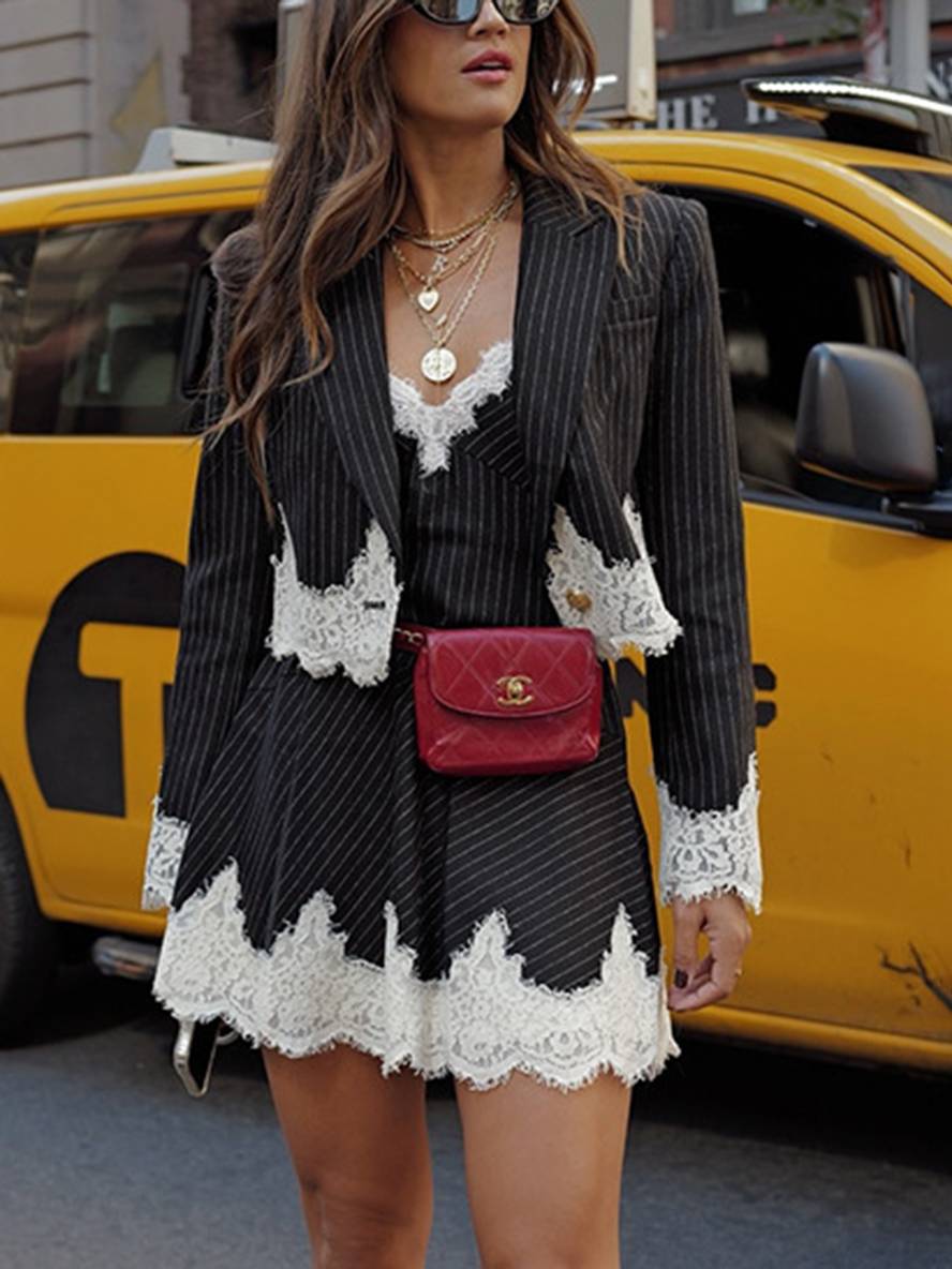 Cocolii ensemble tailleur pour femme dentelle rayé blazer v-cou à fines brides mini robe élégant mode deux pièces