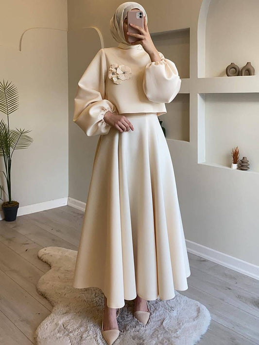 Cocolii ensemble élégant deux pièces pour femmes haut court à manches lanternes et jupe trapèze deux pièces robe