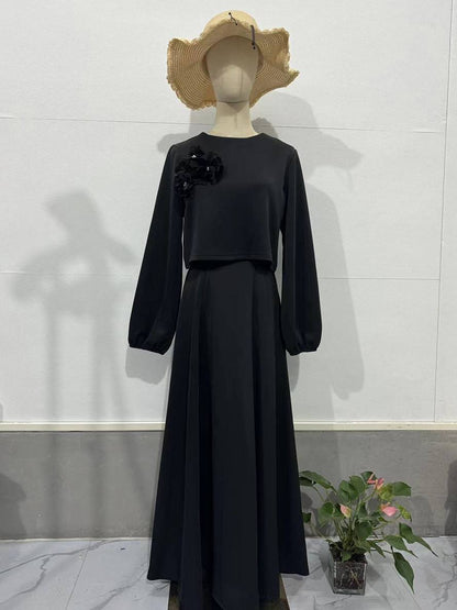 Cocolii ensemble élégant deux pièces pour femmes haut court à manches lanternes et jupe trapèze deux pièces robe