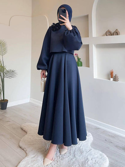 Cocolii ensemble élégant deux pièces pour femmes haut court à manches lanternes et jupe trapèze deux pièces robe