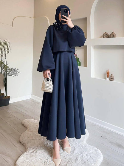 Cocolii ensemble élégant deux pièces pour femmes haut court à manches lanternes et jupe trapèze deux pièces robe