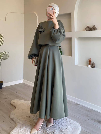 Cocolii ensemble élégant deux pièces pour femmes haut court à manches lanternes et jupe trapèze deux pièces robe