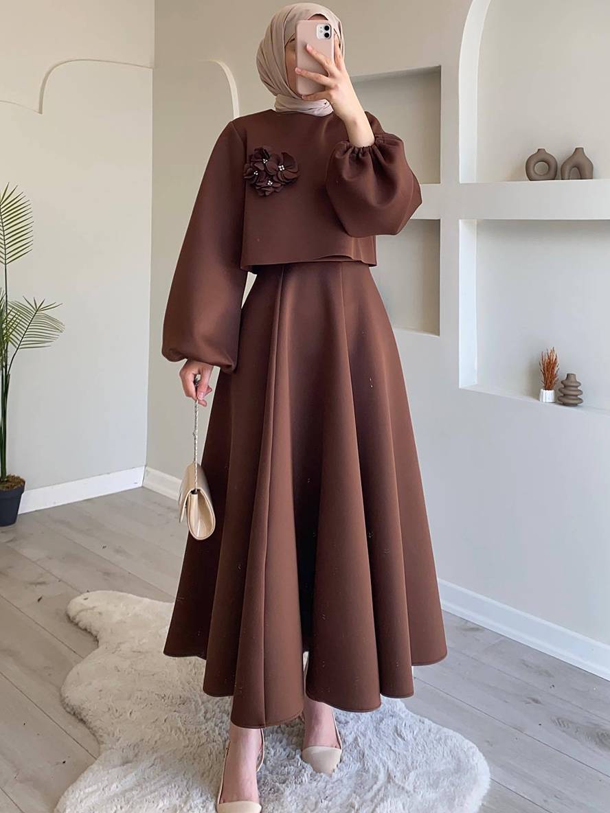 Cocolii ensemble élégant deux pièces pour femmes haut court à manches lanternes et jupe trapèze deux pièces robe