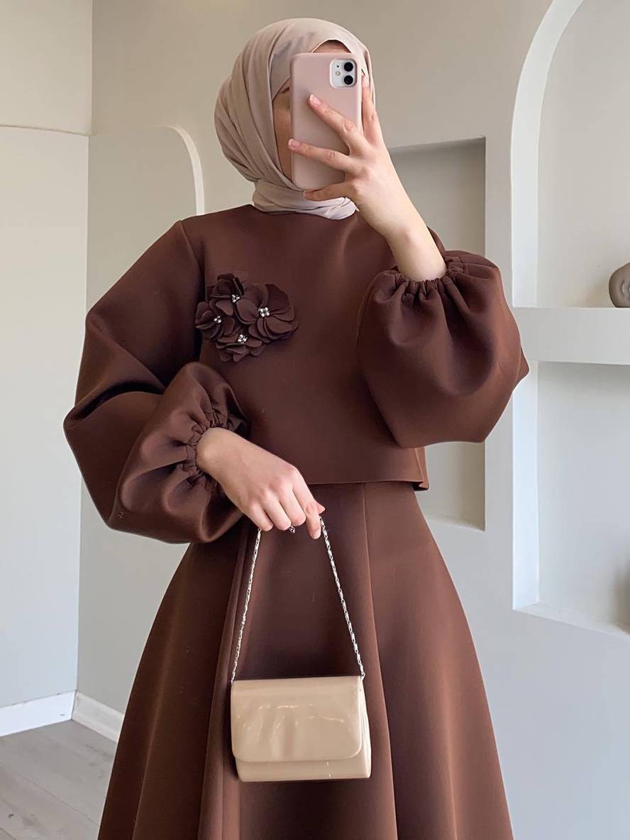 Cocolii ensemble élégant deux pièces pour femmes haut court à manches lanternes et jupe trapèze deux pièces robe