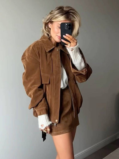 Cocolii ensemble pour femme daim col revers poches veste courte jupe élégant décontracté deux pièces vêtements