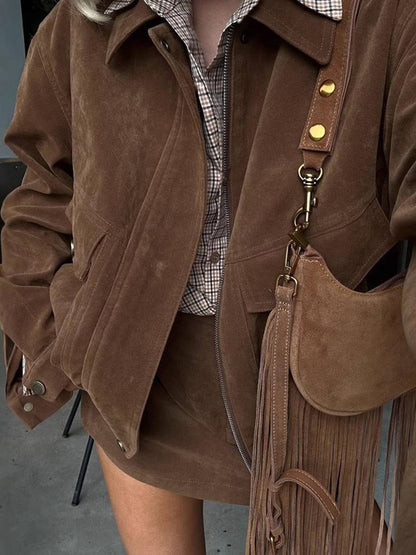 Cocolii ensemble pour femme daim col revers poches veste courte jupe élégant décontracté deux pièces vêtements