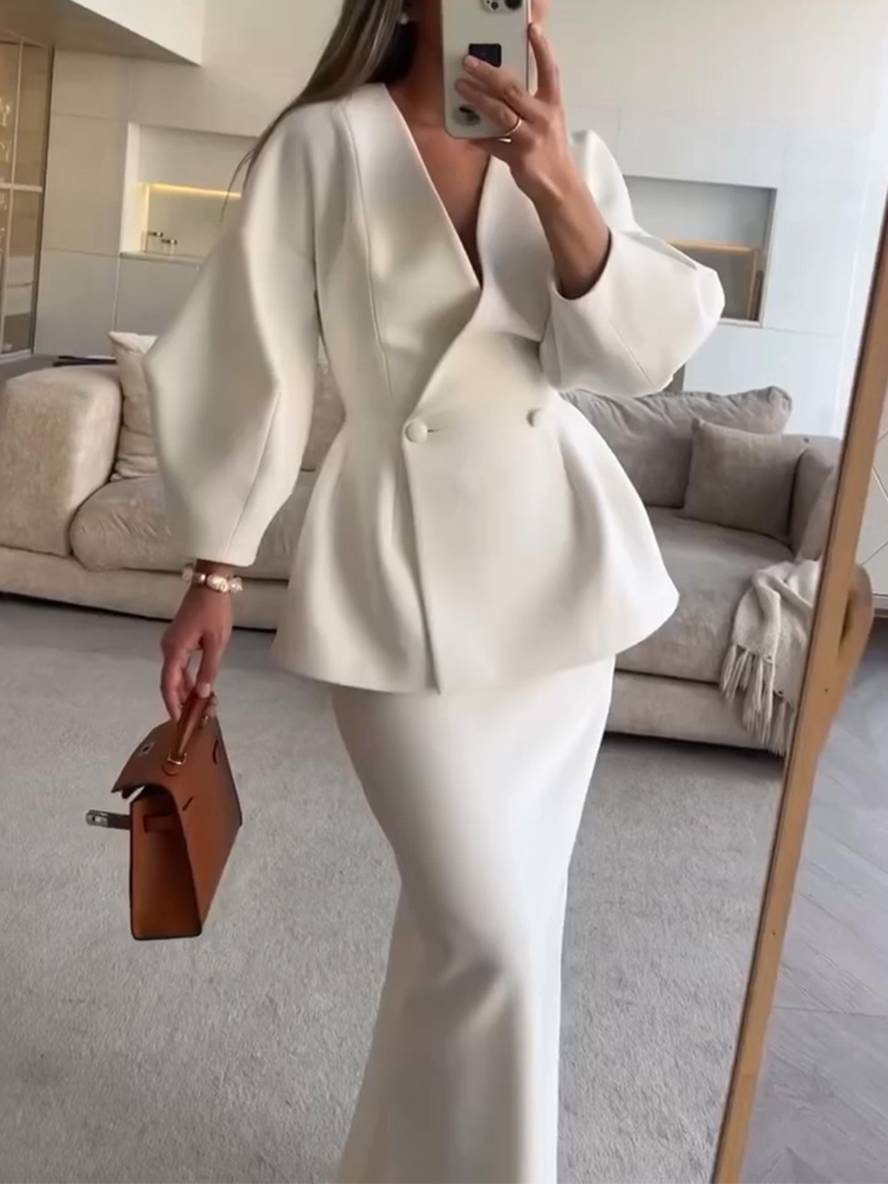 Cocolii ensembles tailleur avec jupe v-cou boutons manches bouffantes manches longues veste femme élégant vintage deux pièces