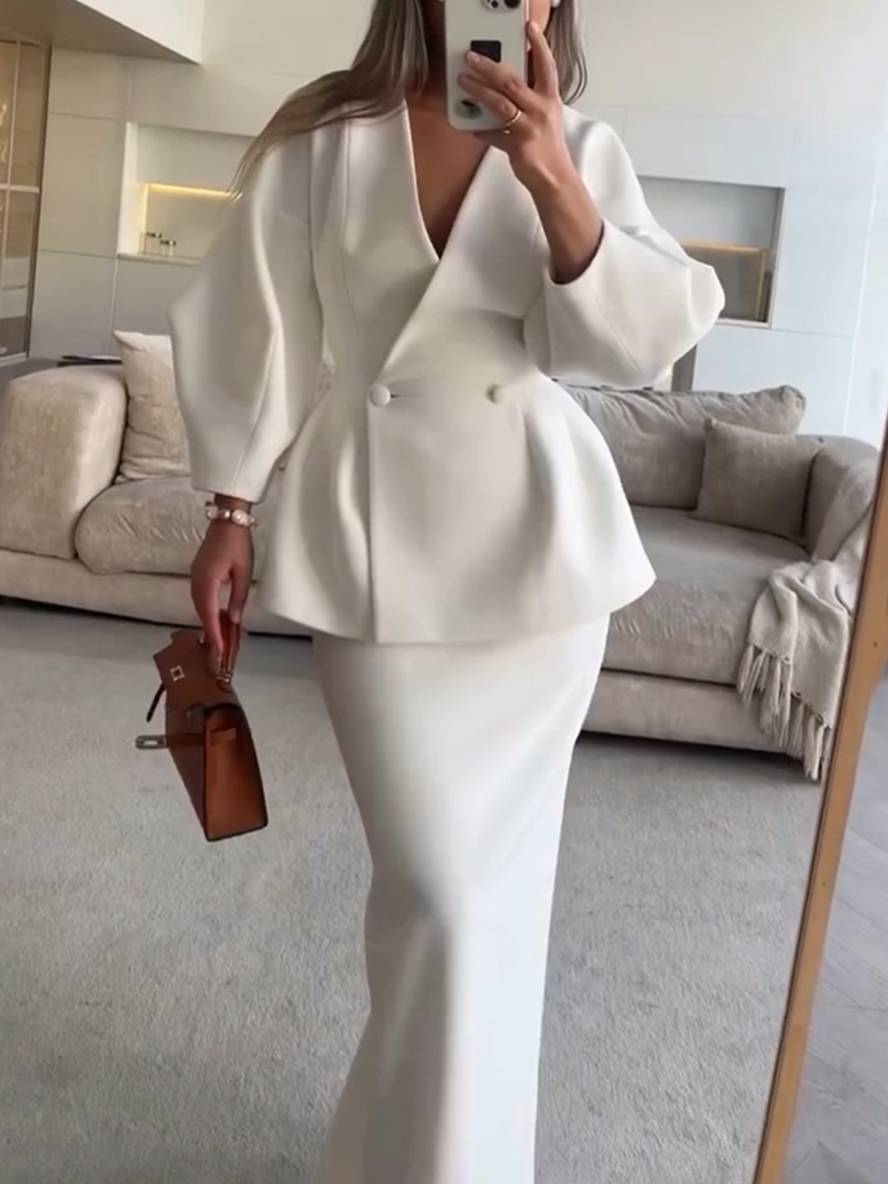Cocolii ensembles tailleur avec jupe v-cou boutons manches bouffantes manches longues veste femme élégant vintage deux pièces