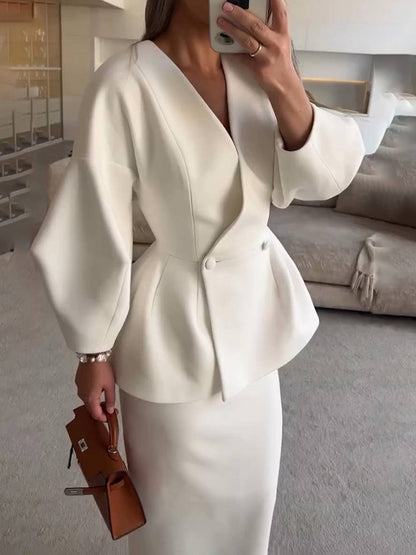Cocolii ensembles tailleur avec jupe v-cou boutons manches bouffantes manches longues veste femme élégant vintage deux pièces