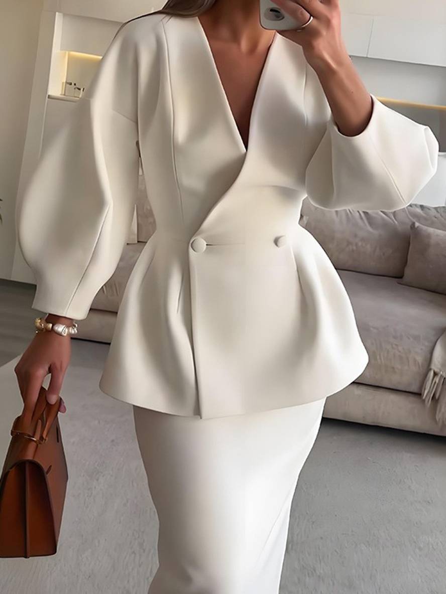 Cocolii ensembles tailleur avec jupe v-cou boutons manches bouffantes manches longues veste femme élégant vintage deux pièces