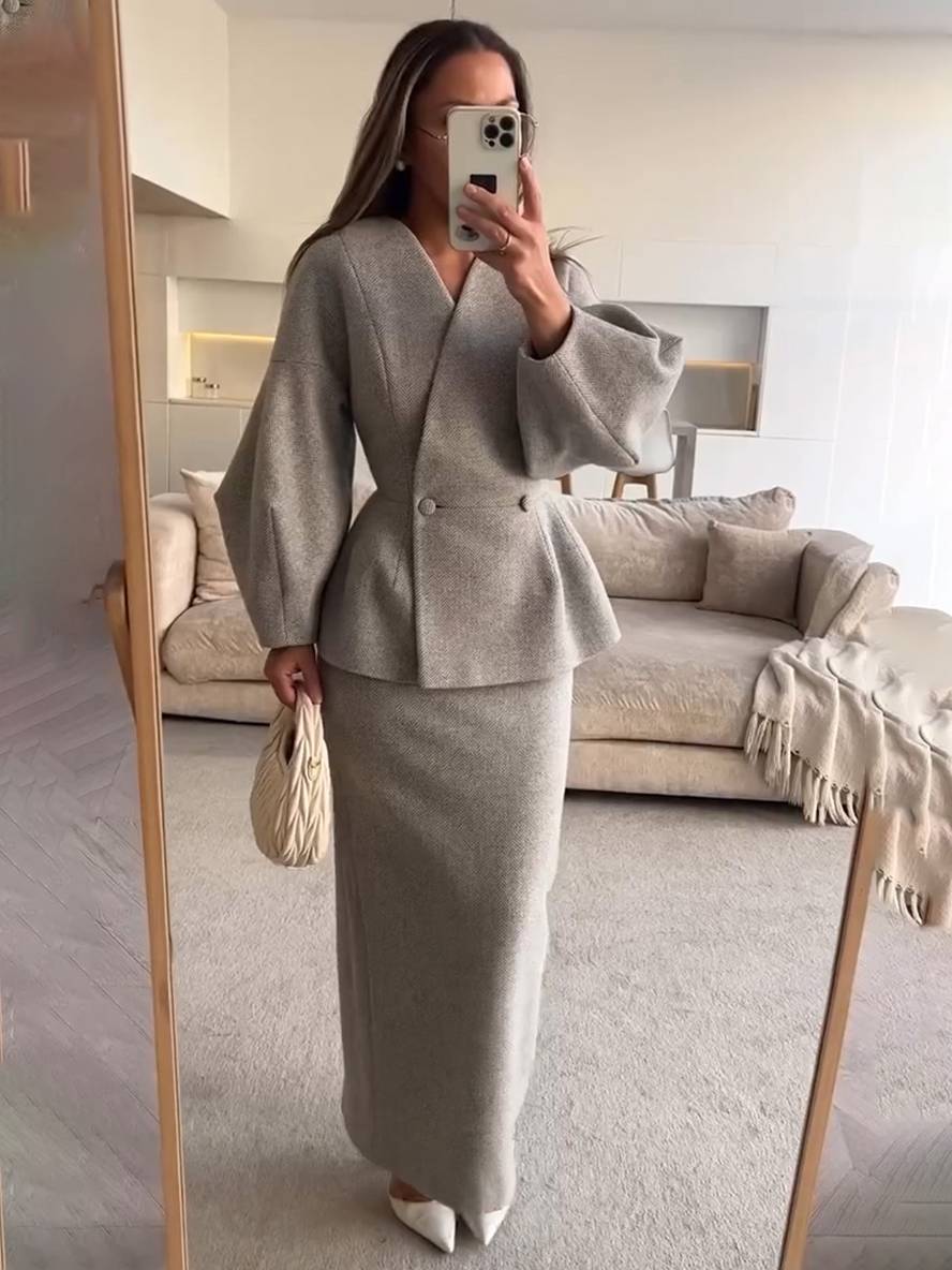 Cocolii ensembles tailleur avec jupe v-cou boutons manches bouffantes manches longues veste femme élégant vintage deux pièces