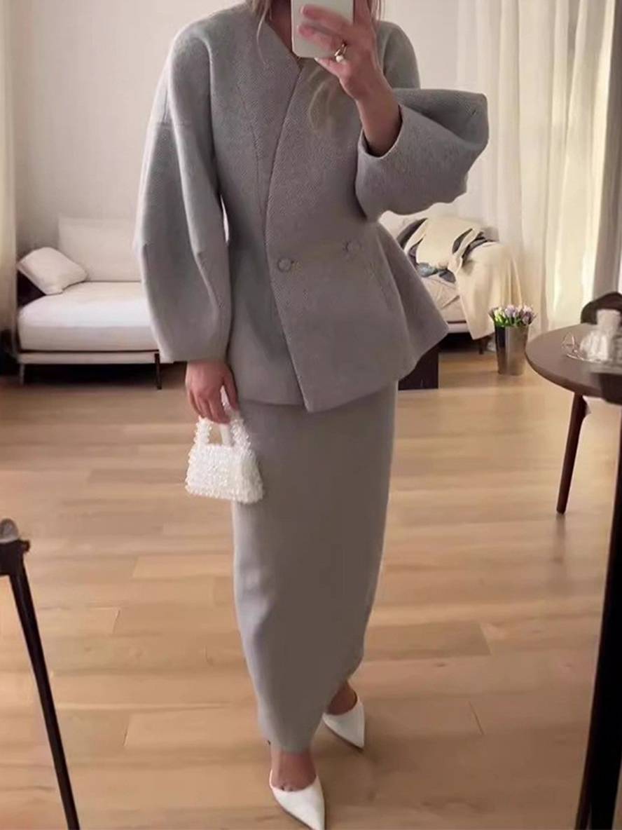 Cocolii ensembles tailleur avec jupe v-cou boutons manches bouffantes manches longues veste femme élégant vintage deux pièces
