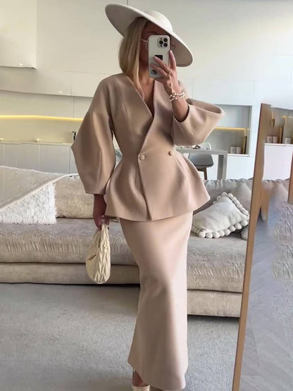 Cocolii ensembles tailleur avec jupe v-cou boutons manches bouffantes manches longues veste femme élégant vintage deux pièces