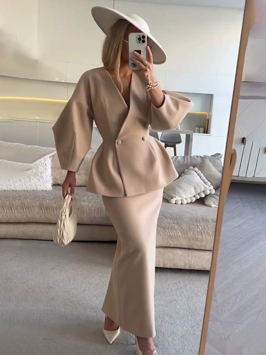 Cocolii ensembles tailleur avec jupe v-cou boutons manches bouffantes manches longues veste femme élégant vintage deux pièces