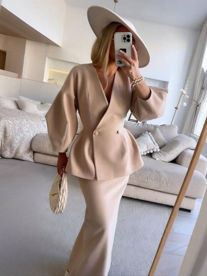 Cocolii ensembles tailleur avec jupe v-cou boutons manches bouffantes manches longues veste femme élégant vintage deux pièces