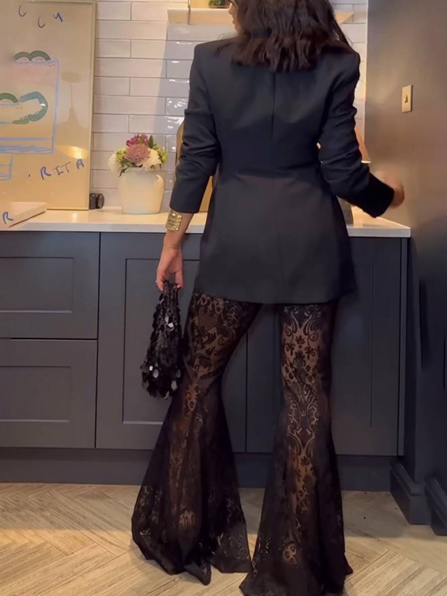 Cocolii ensembles avec pantalon dentelle flare évasé v-cou boutonnage poches blazer femme élégant style tailleur