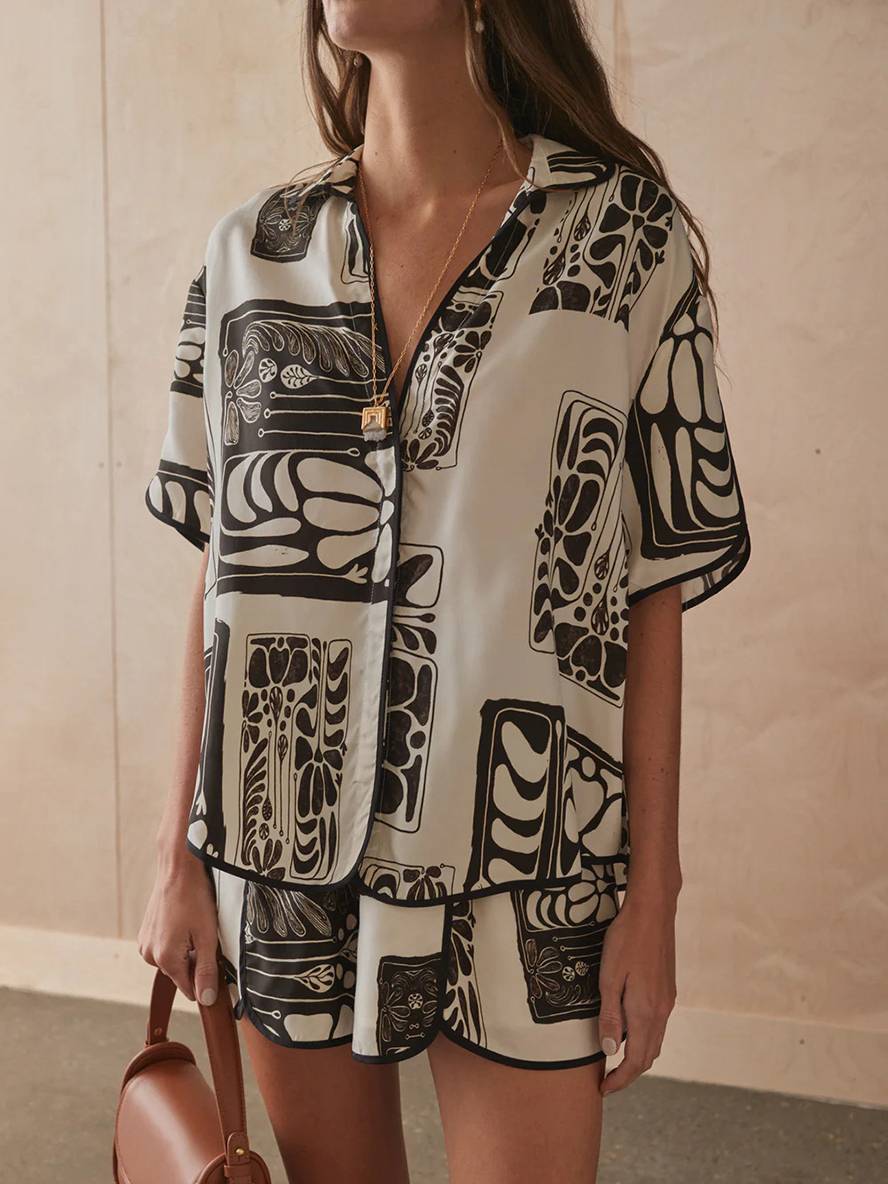 Cocolii ensemble tenue imprimé à fleurie boutonnage col chemise manches courtes femme décontracté ample casual deux pièces