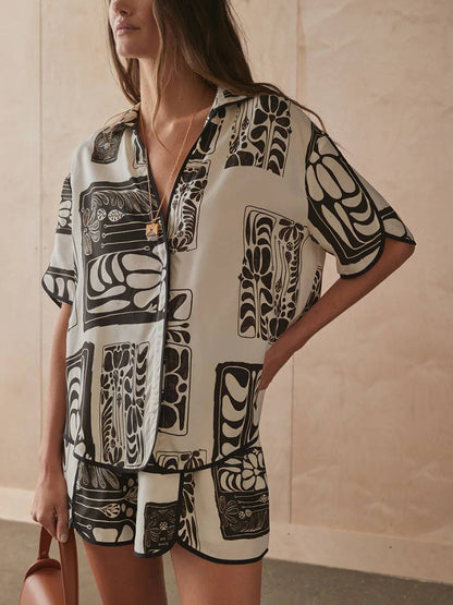 Cocolii ensemble tenue imprimé à fleurie boutonnage col chemise manches courtes femme décontracté ample casual deux pièces