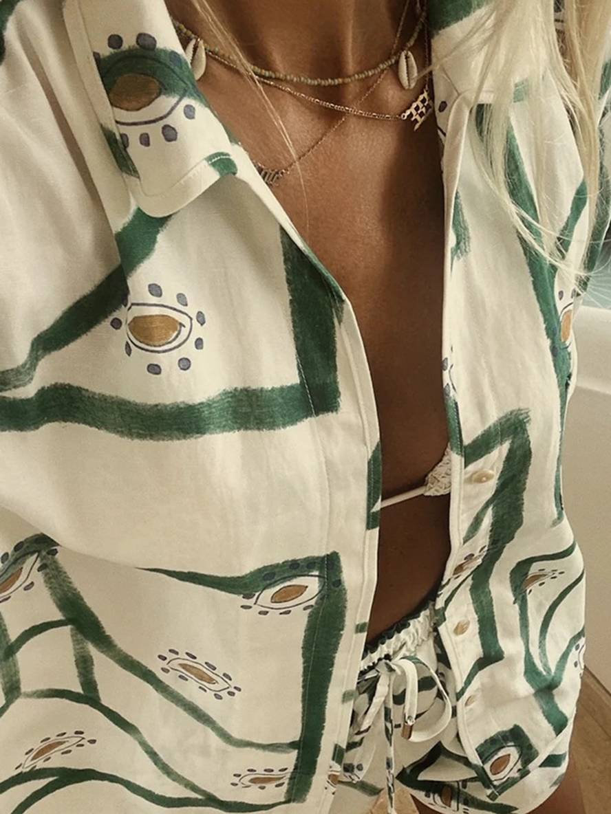 Cocolii ensemble tenue imprimé à fleurie boutonnage col chemise manches courtes femme décontracté ample casual deux pièces