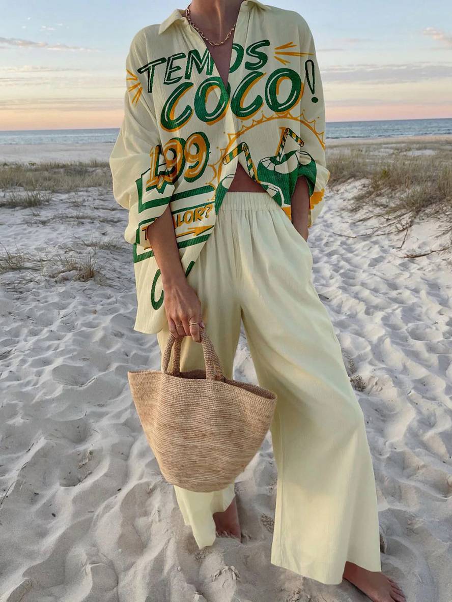 Cocolii tenue ensembles avec pantalon lettres motif col chemise manches longues femme style boyfriend décontracté deux pièces