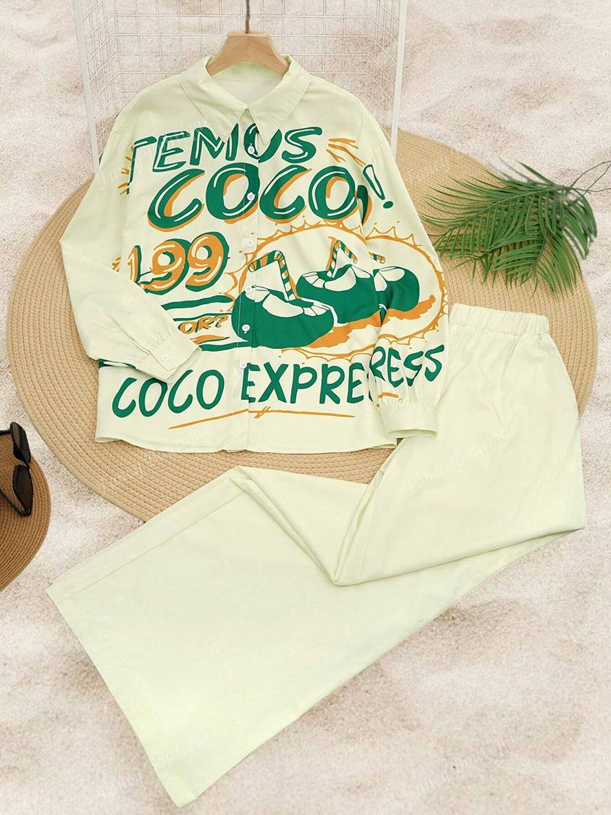 Cocolii tenue ensembles avec pantalon lettres motif col chemise manches longues femme style boyfriend décontracté deux pièces