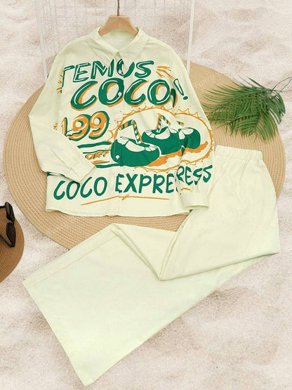 Cocolii tenue ensembles avec pantalon lettres motif col chemise manches longues femme style boyfriend décontracté deux pièces