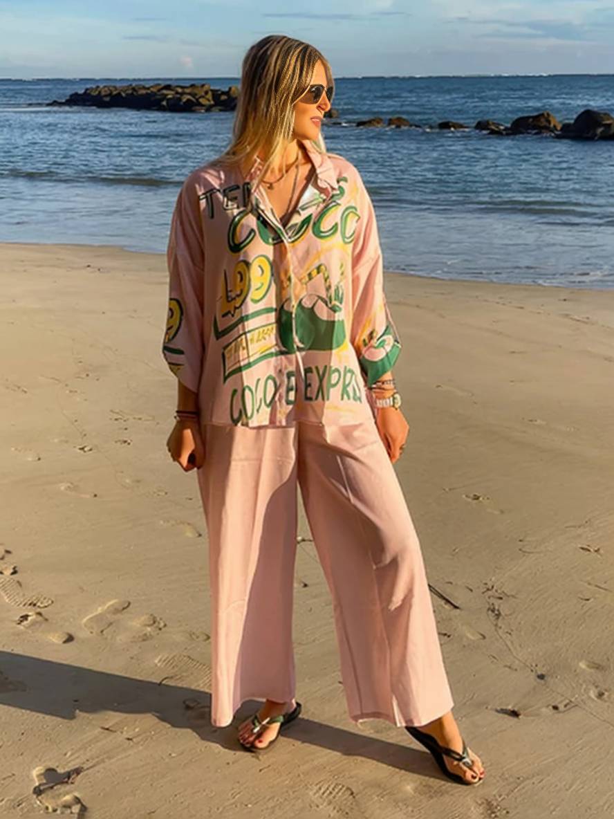 Cocolii tenue ensembles avec pantalon lettres motif col chemise manches longues femme style boyfriend décontracté deux pièces