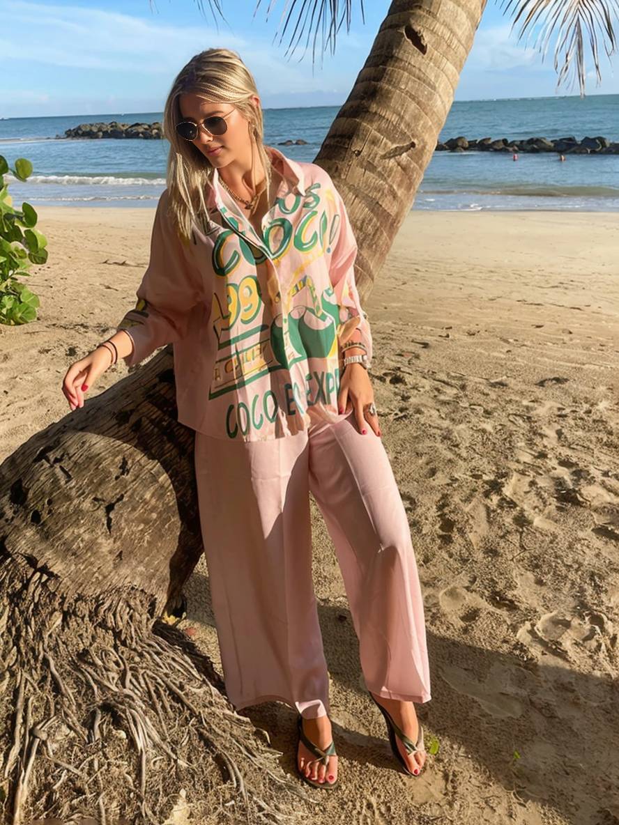 Cocolii tenue ensembles avec pantalon lettres motif col chemise manches longues femme style boyfriend décontracté deux pièces