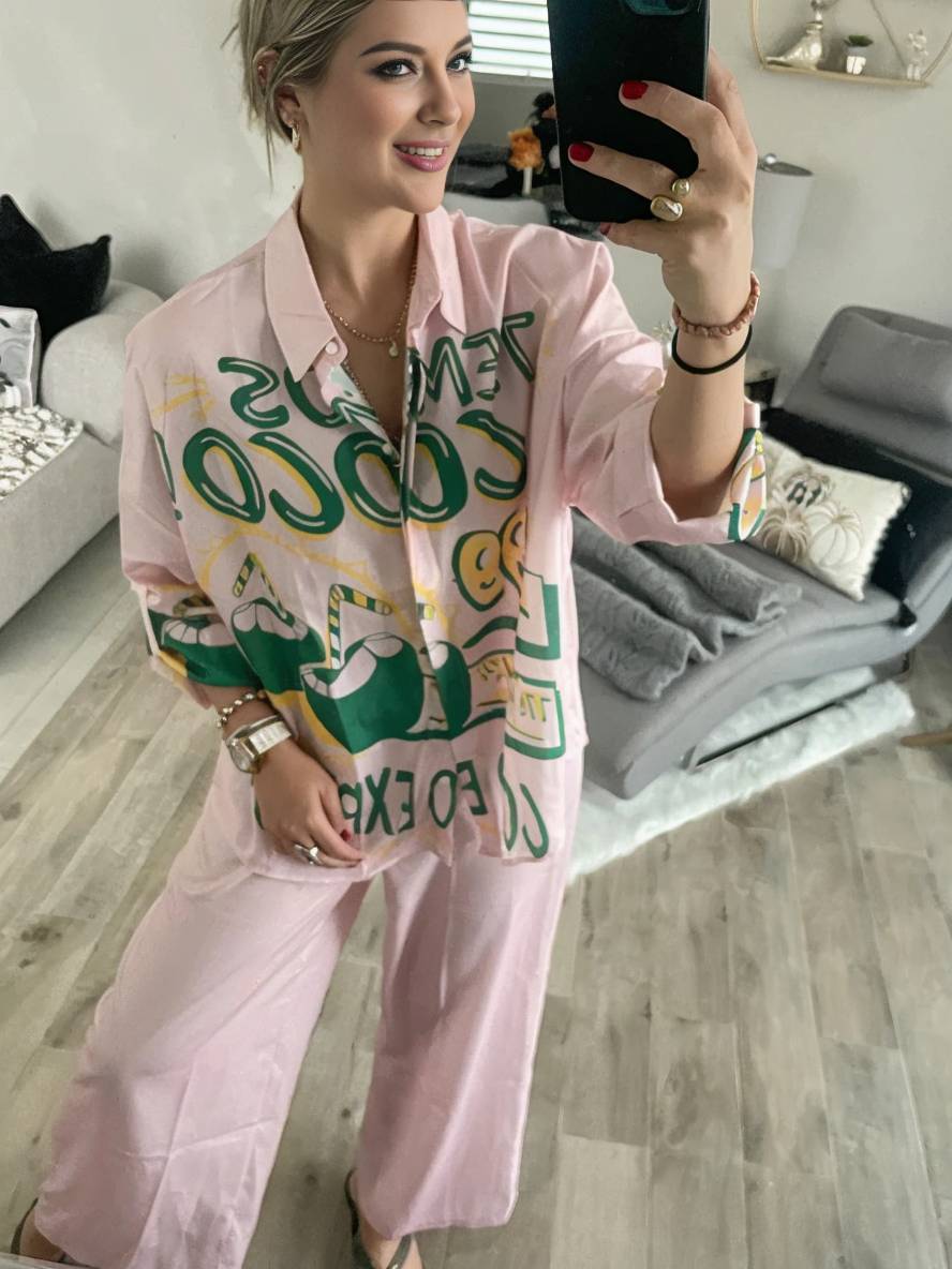 Cocolii tenue ensembles avec pantalon lettres motif col chemise manches longues femme style boyfriend décontracté deux pièces