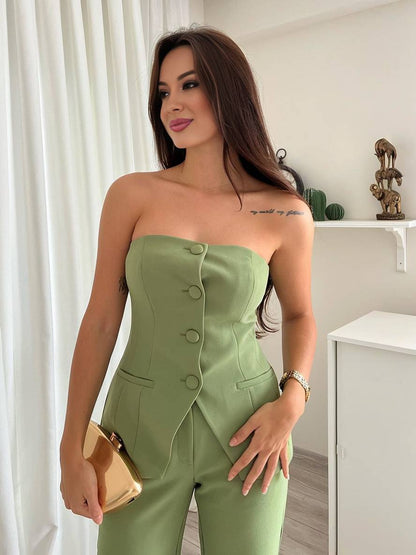 Cocolii ensembles avec pantalon unicolore boutonnage bustier femme élégant style tailleur tenue mariage invité