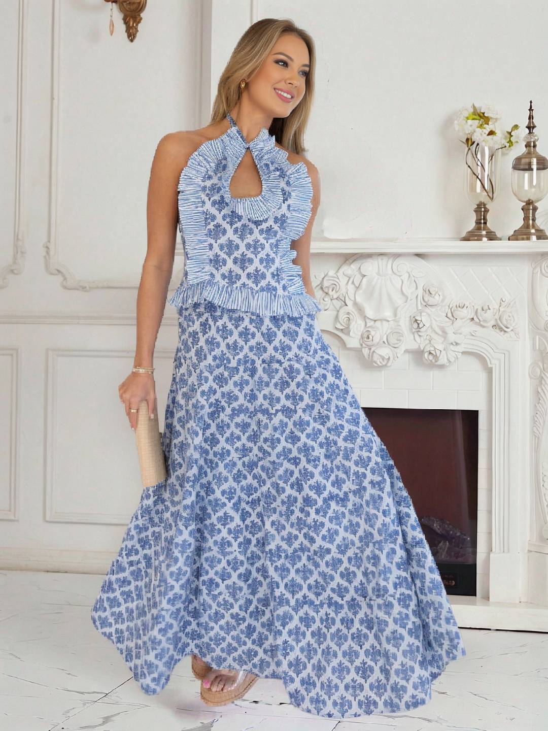 Cocolii ensembles avec volantée jupe imprimé à fleurie découpes dos nu sans manches huats femme doux élégant vintage robe