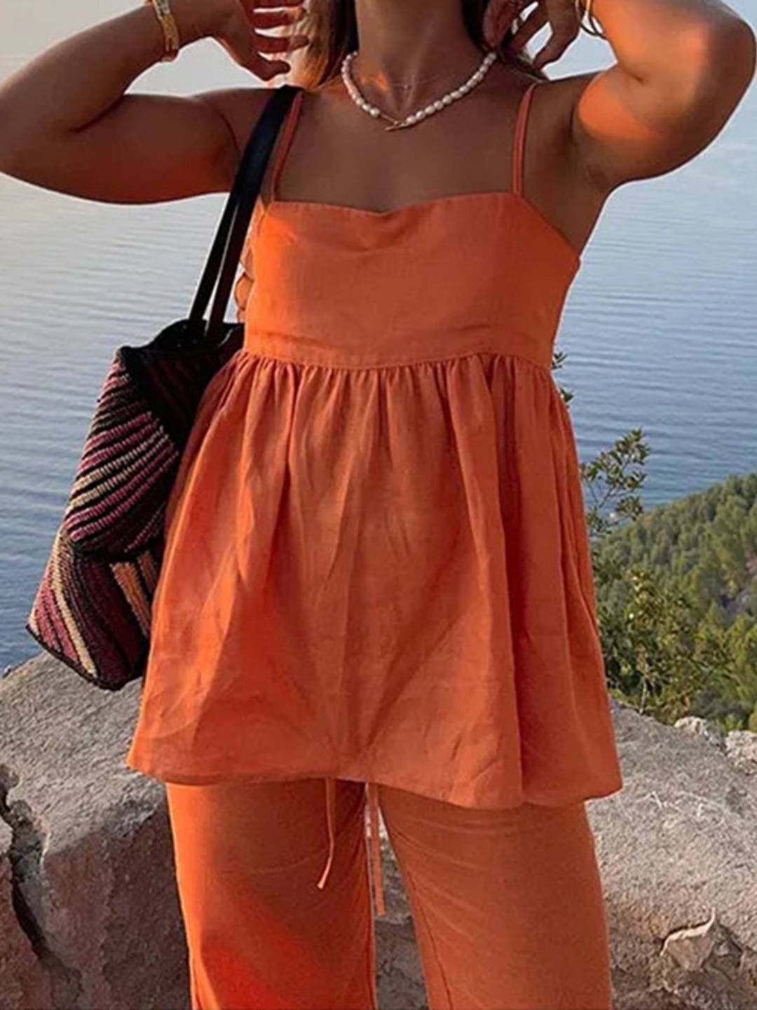 Cocolii ensemble de femme pour les vacances top sans manches à volantée décontracté et pantalon large pour femme de plage