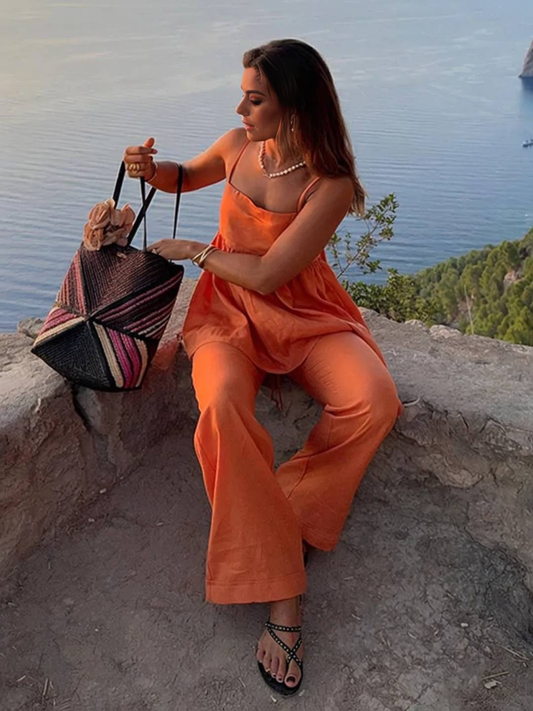 Cocolii ensemble de femme pour les vacances top sans manches à volantée décontracté et pantalon large pour femme de plage