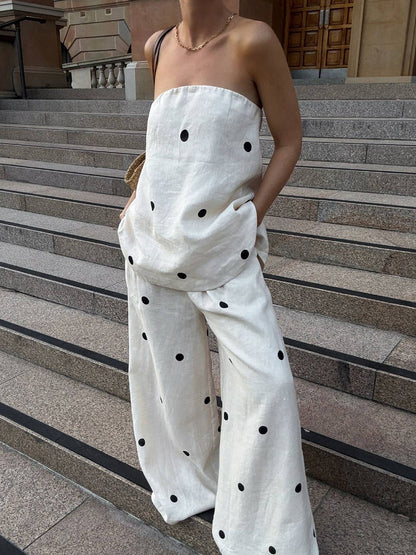 Cocolii 2 pièces ensembles avec pantalon larges jambes évasé top à pois fendu fermeture éclair bustier pour femme les vacances