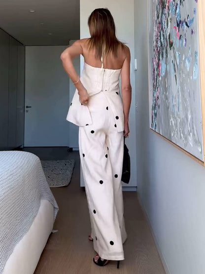 Cocolii 2 pièces ensembles avec pantalon larges jambes évasé top à pois fendu fermeture éclair bustier pour femme les vacances