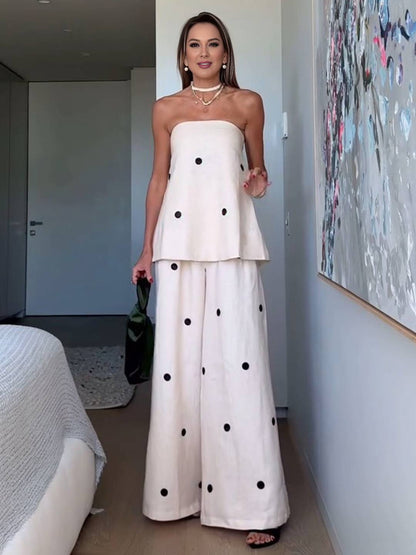 Cocolii 2 pièces ensembles avec pantalon larges jambes évasé top à pois fendu fermeture éclair bustier pour femme les vacances
